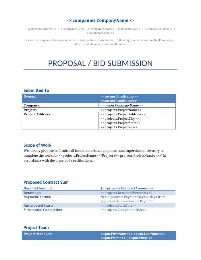Preview of the Proposal / Bid Submission template