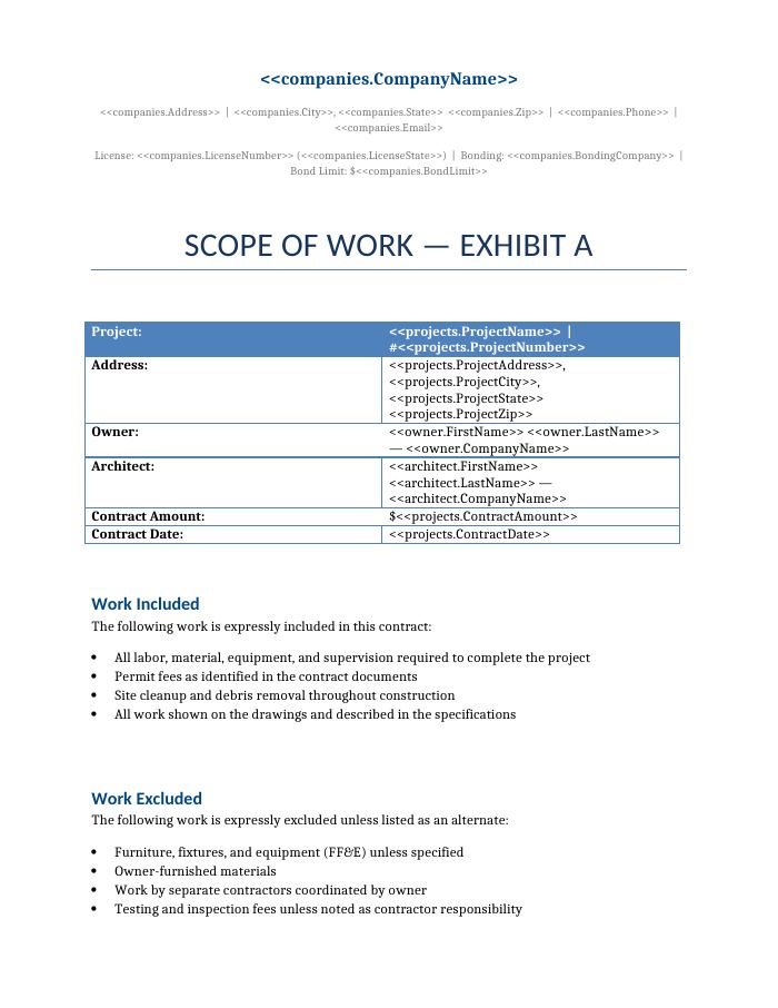 Preview of the Scope of Work (Exhibit A) template