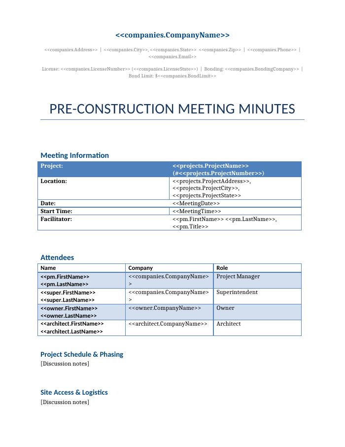 Preview of the Pre-Construction Meeting Minutes template