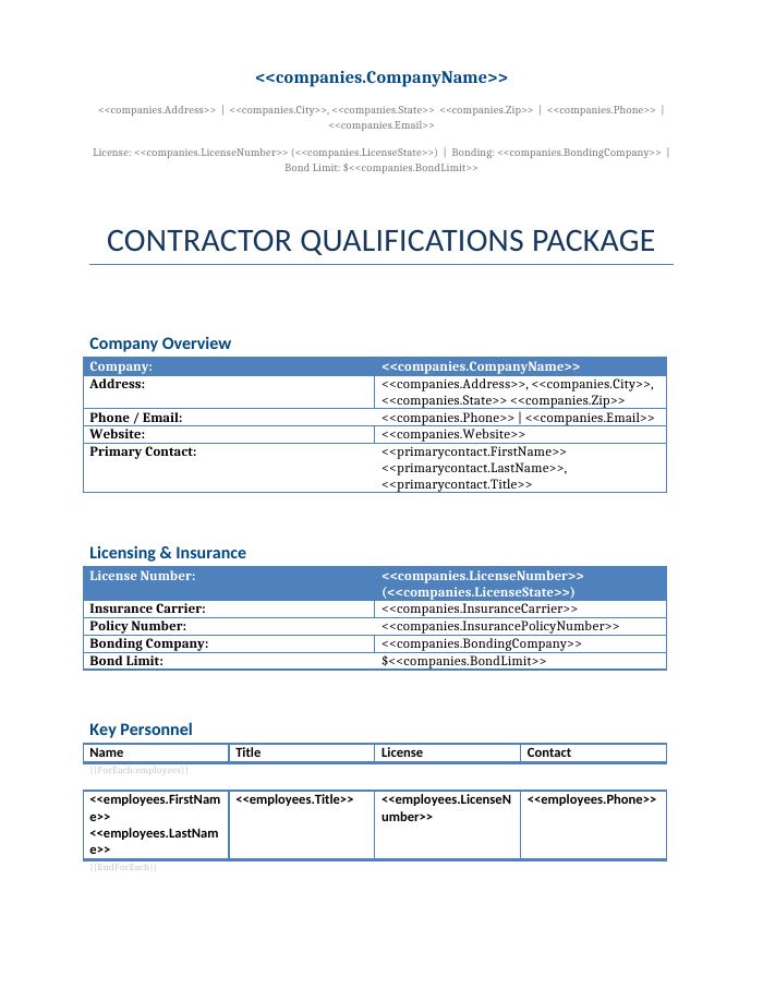 Preview of the Contractor Qualifications Package template