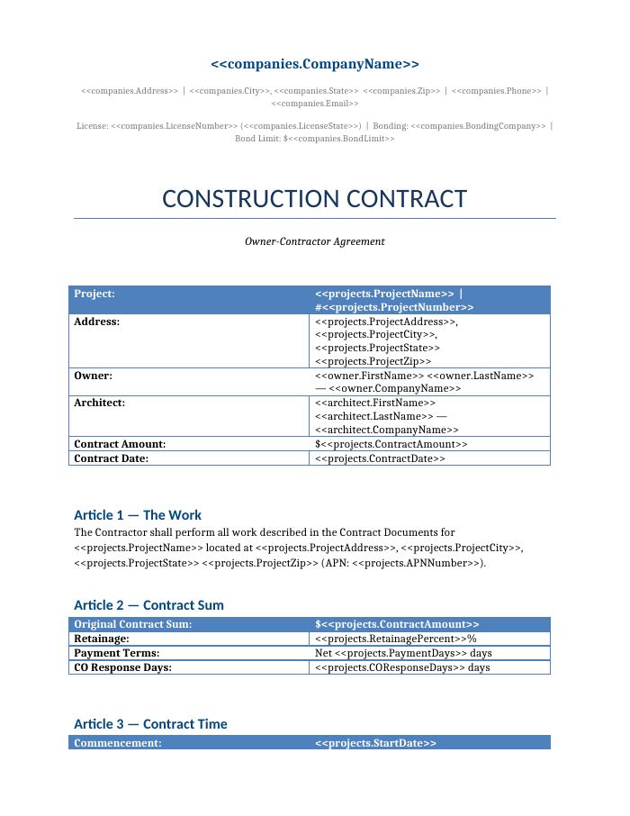 Preview of the Prime Contract (Owner-Contractor) template