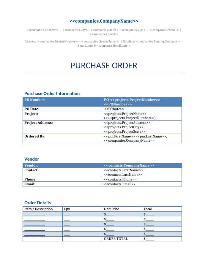 Preview of the Purchase Order template