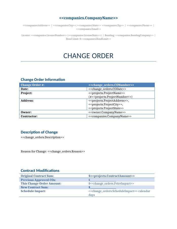 Preview of the Change Order template