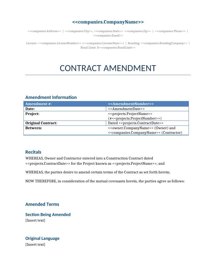 Preview of the Contract Amendment template