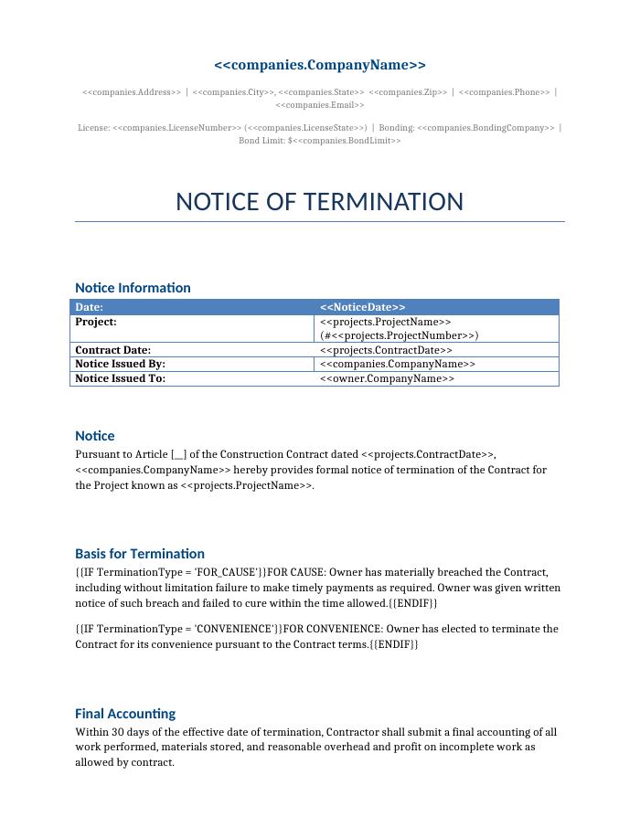 Preview of the Notice of Termination template