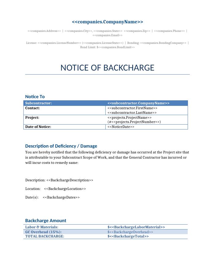 Preview of the Backcharge Notice template