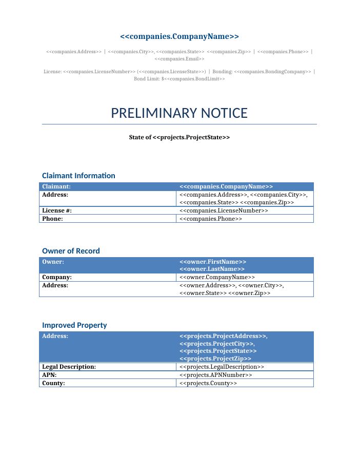 Preview of the Preliminary Notice template