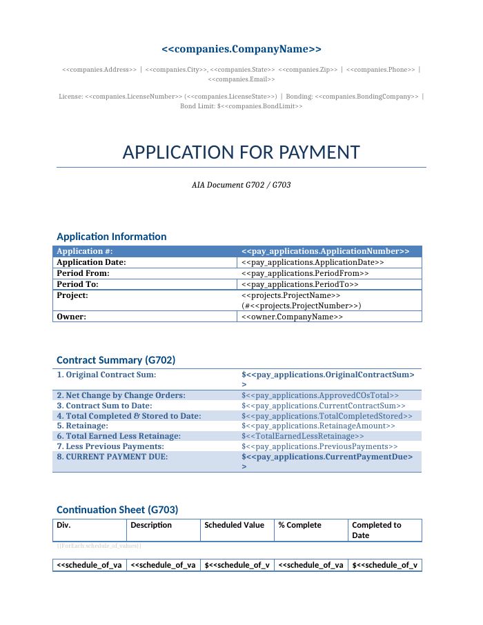 Preview of the Application for Payment (AIA G702/G703) template