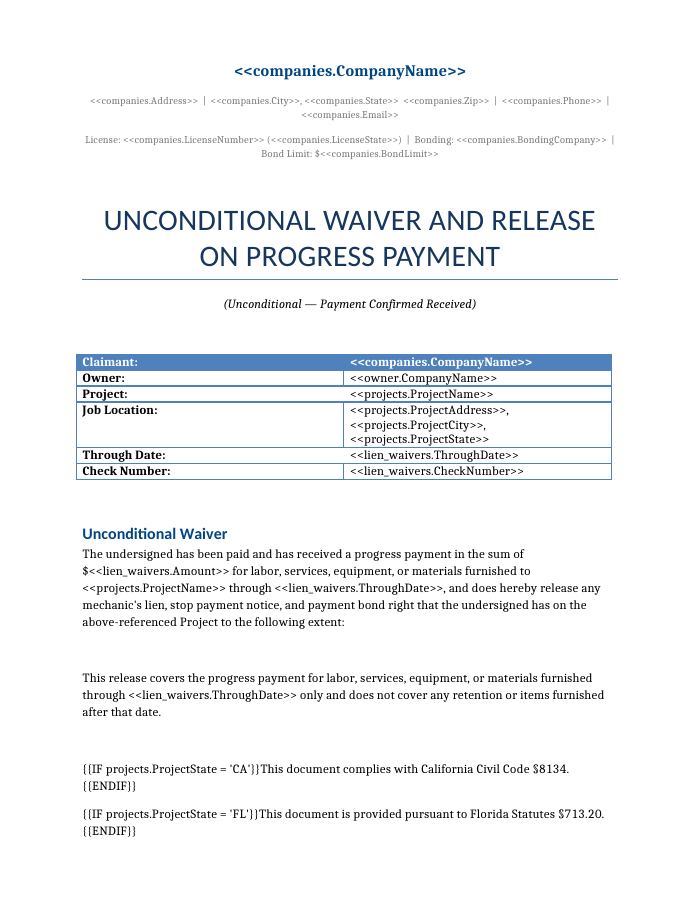 Preview of the Unconditional Lien Waiver template