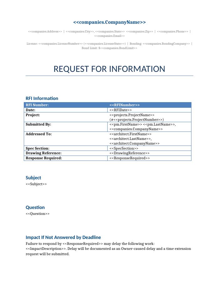 Preview of the Request for Information (RFI) template