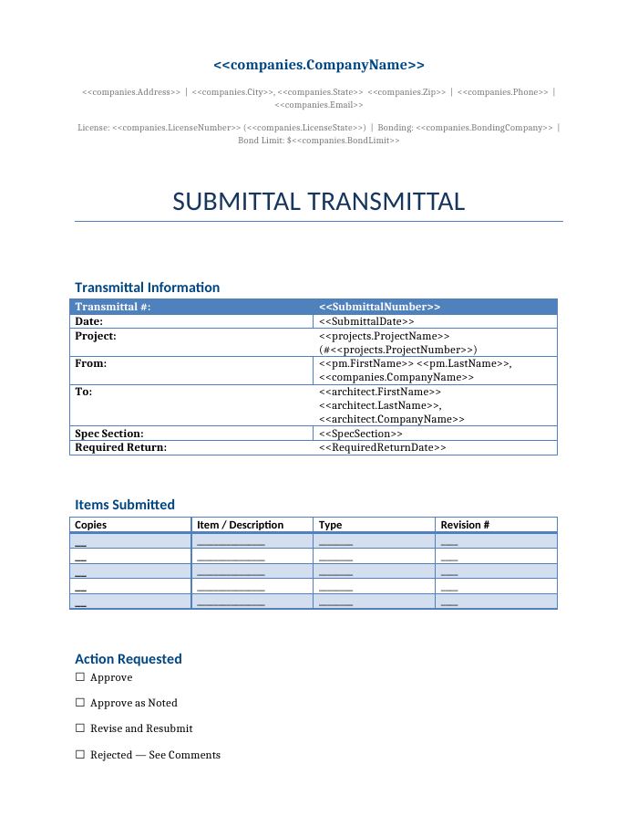 Preview of the Submittal Transmittal template