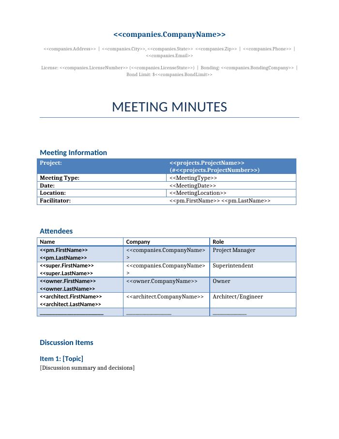 Preview of the Meeting Minutes template
