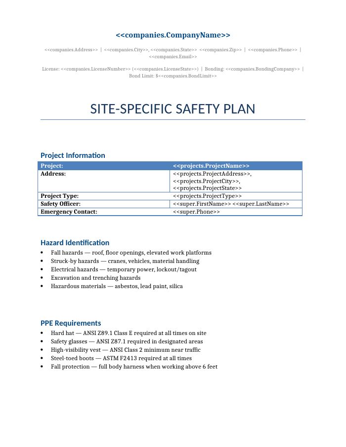 Preview of the Site-Specific Safety Plan template