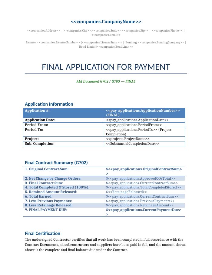 Preview of the Final Payment Application template