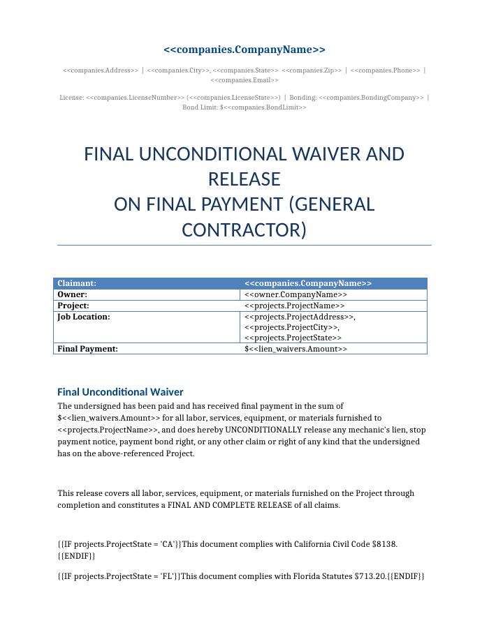 Preview of the Final Unconditional Lien Waiver (GC) template
