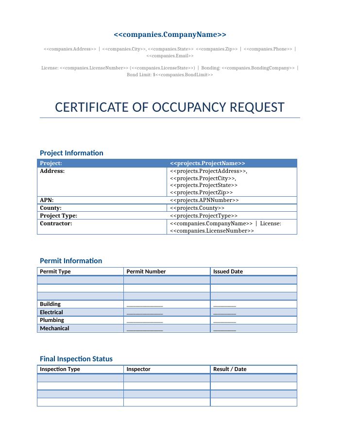 Preview of the Certificate of Occupancy Request template