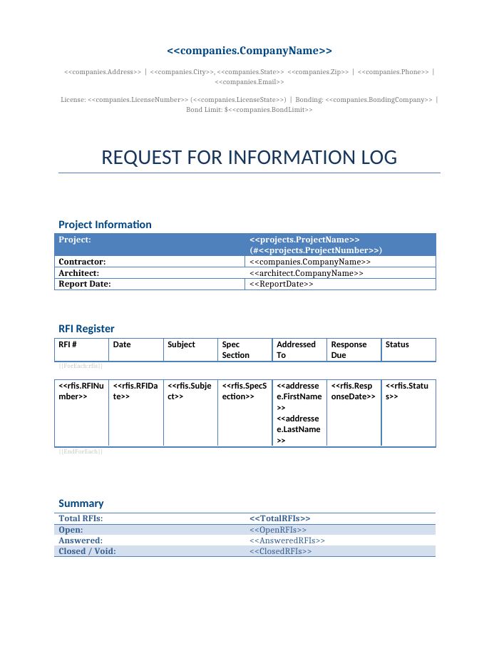 Preview of the RFI Log template