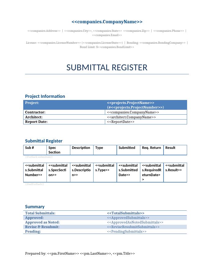 Preview of the Submittal Register template