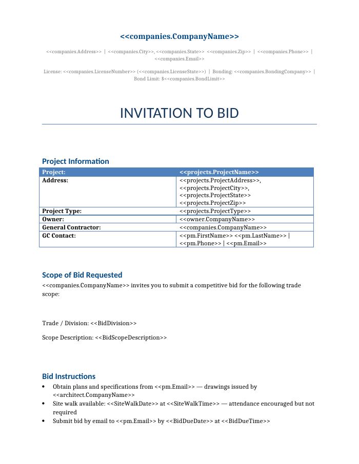 Preview of the Invitation to Bid template
