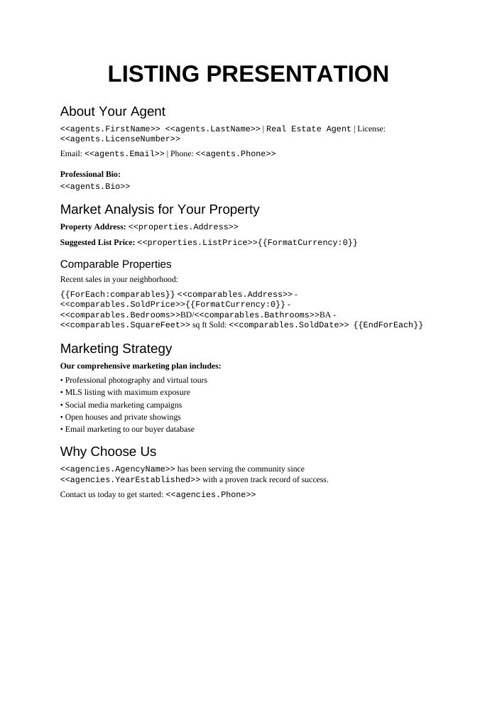 Preview of the Listing Presentation template