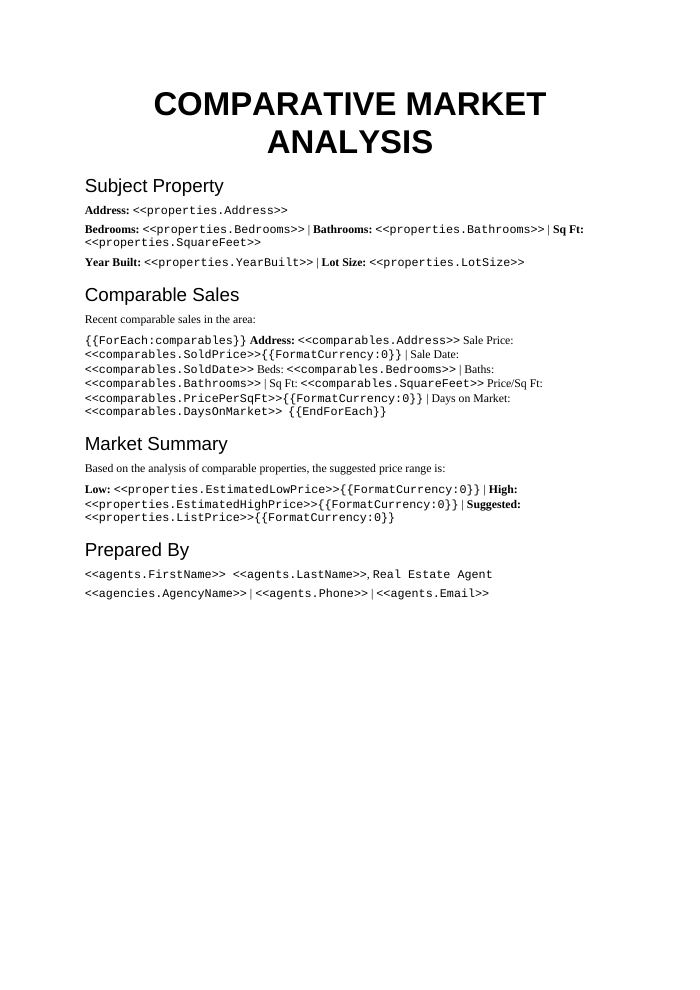 Preview of the Comparative Market Analysis (CMA) template