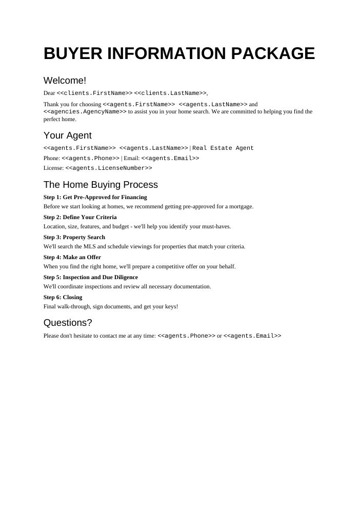 Preview of the Buyer Information Package template