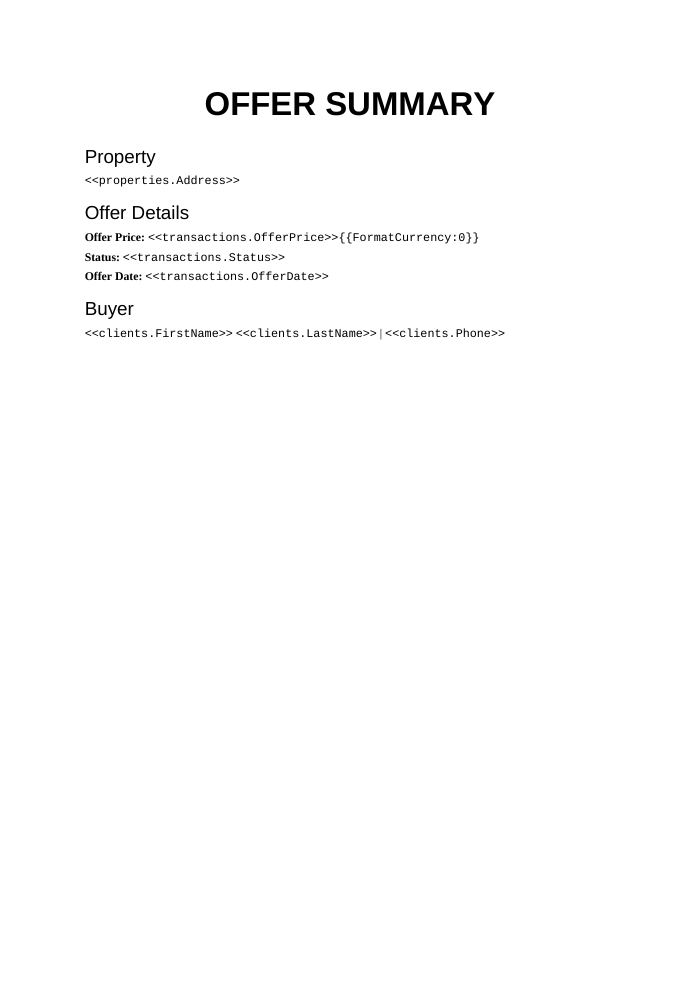 Preview of the Offer Summary Letter template
