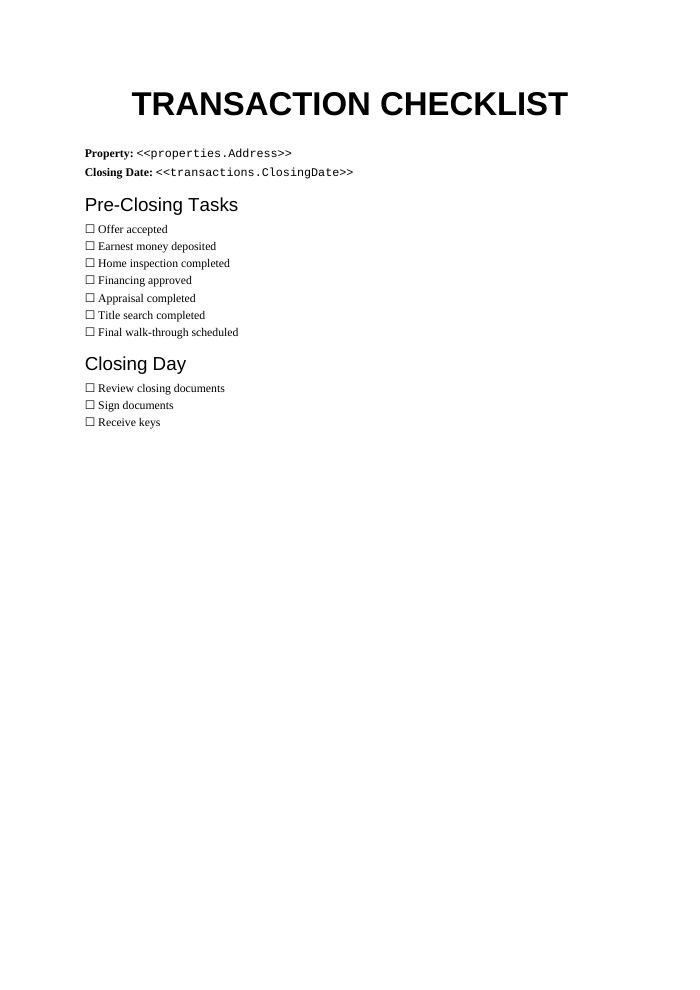 Preview of the Transaction Checklist template