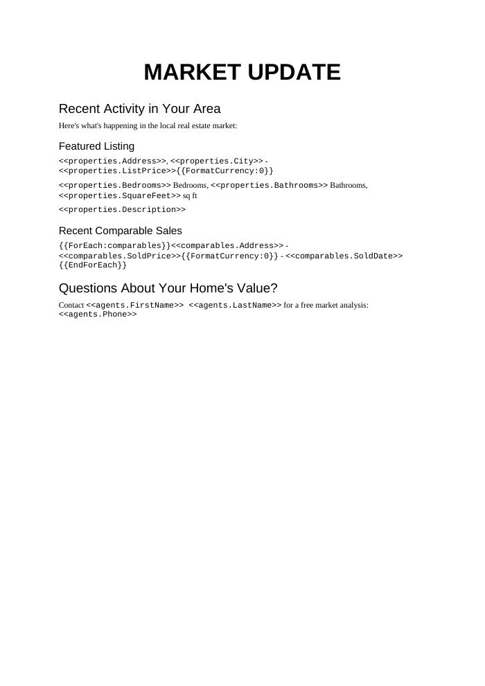 Preview of the Market Update Newsletter template