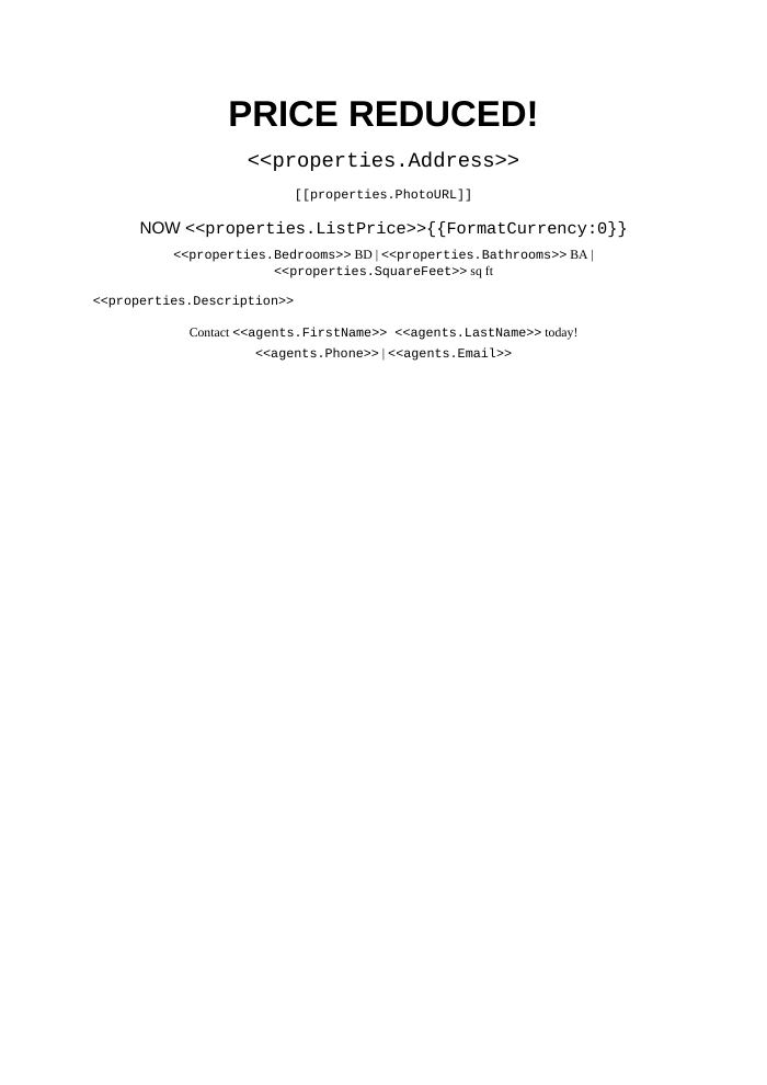 Preview of the Price Reduction Announcement template
