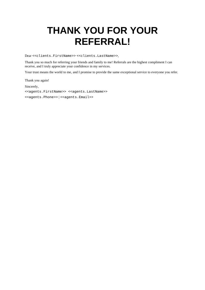 Preview of the Referral Thank You Letter template