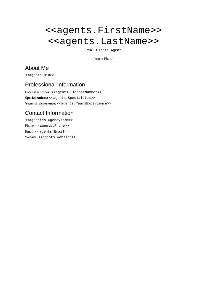 Preview of the Agent Biography Sheet template