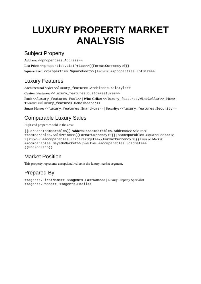 Preview of the Luxury Property CMA template