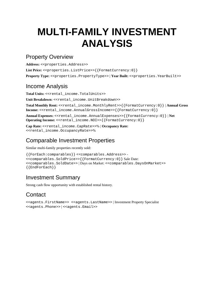 Preview of the Multi-Family Investment CMA template