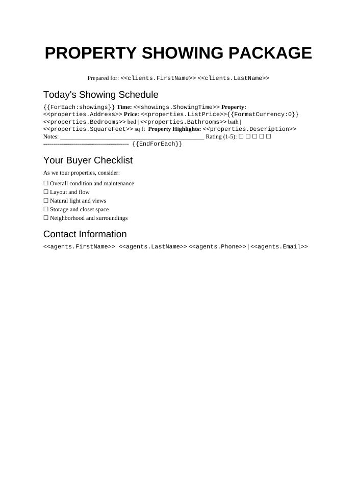 Preview of the Property Showing Package template