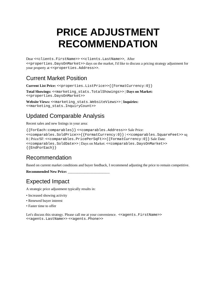 Preview of the Price Adjustment Recommendation template