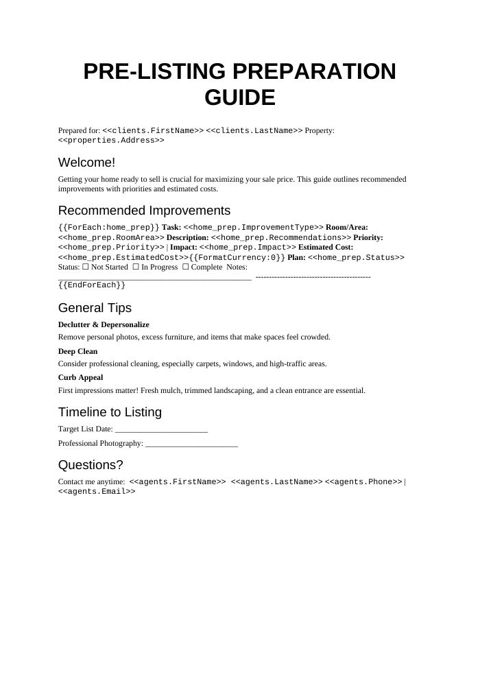 Preview of the Pre-Listing Preparation Guide template