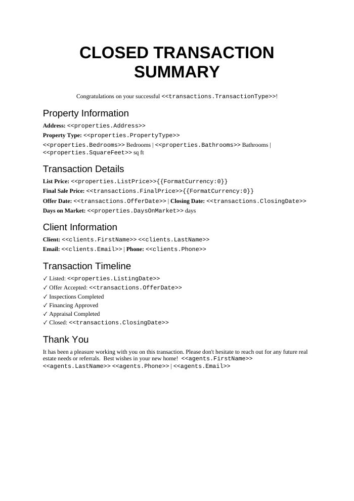 Preview of the Closed Transaction Summary template