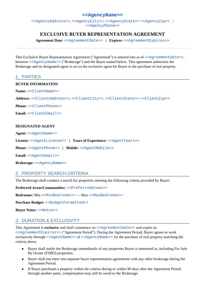 Preview of the Exclusive Buyer Representation Agreement template