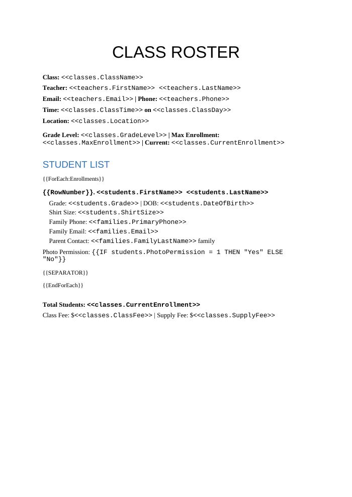 Preview of the Class Roster template