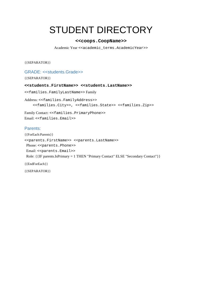 Preview of the Student Directory template