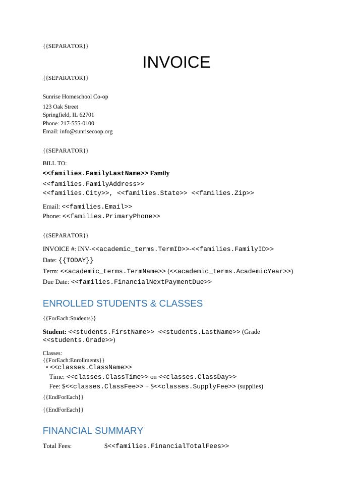 Preview of the Family Invoice template