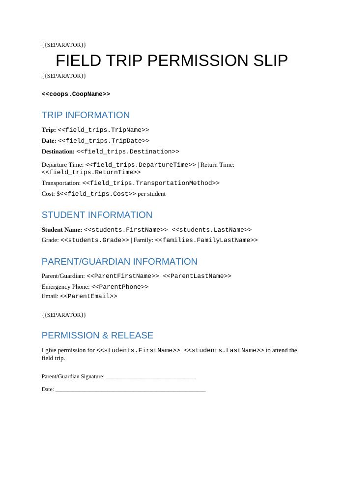 Preview of the Field Trip Permission Slip template