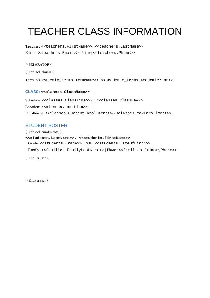 Preview of the Teacher Class List template