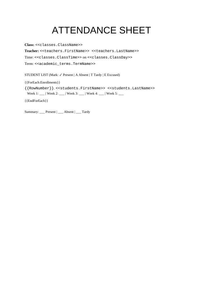Preview of the Attendance Sheet template