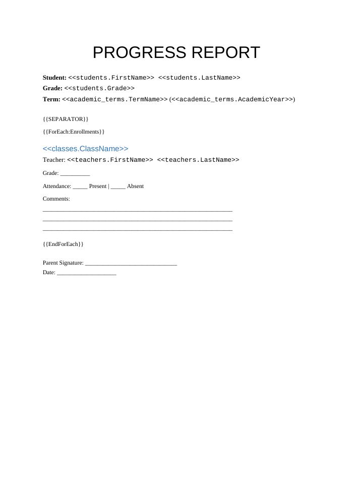 Preview of the Progress Report template