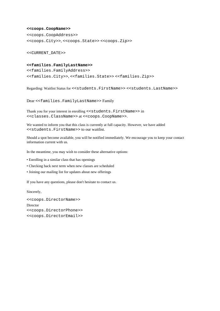Preview of the Waitlist Notification Letter template