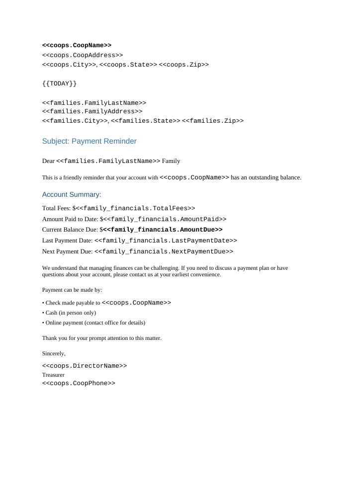 Preview of the Payment Reminder Letter template