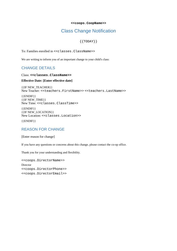 Preview of the Class Change Notification template