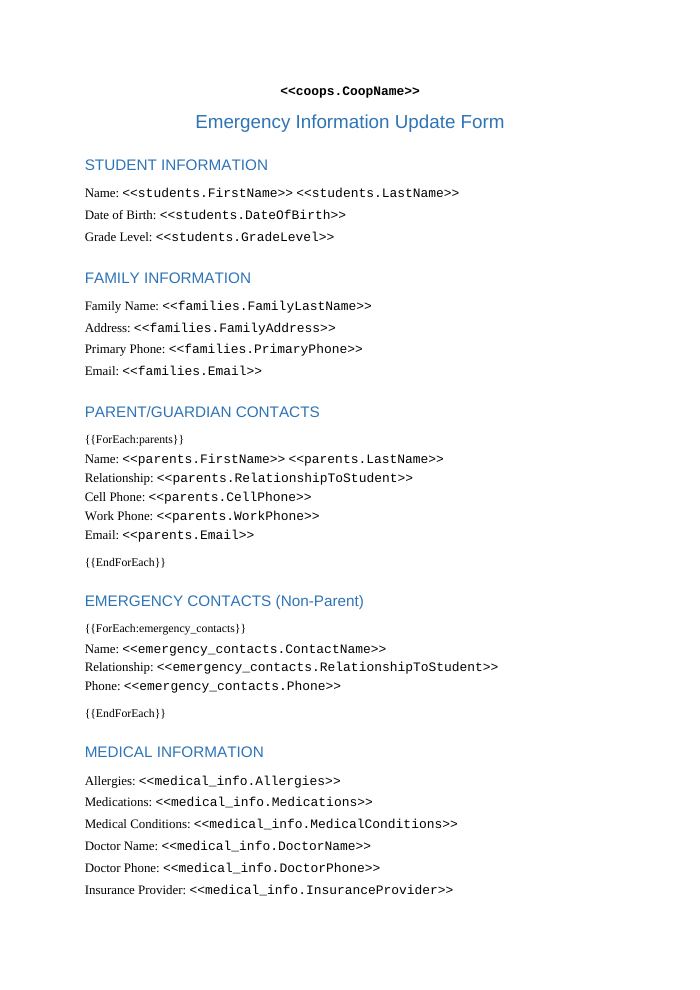 Preview of the Emergency Information Update Form template